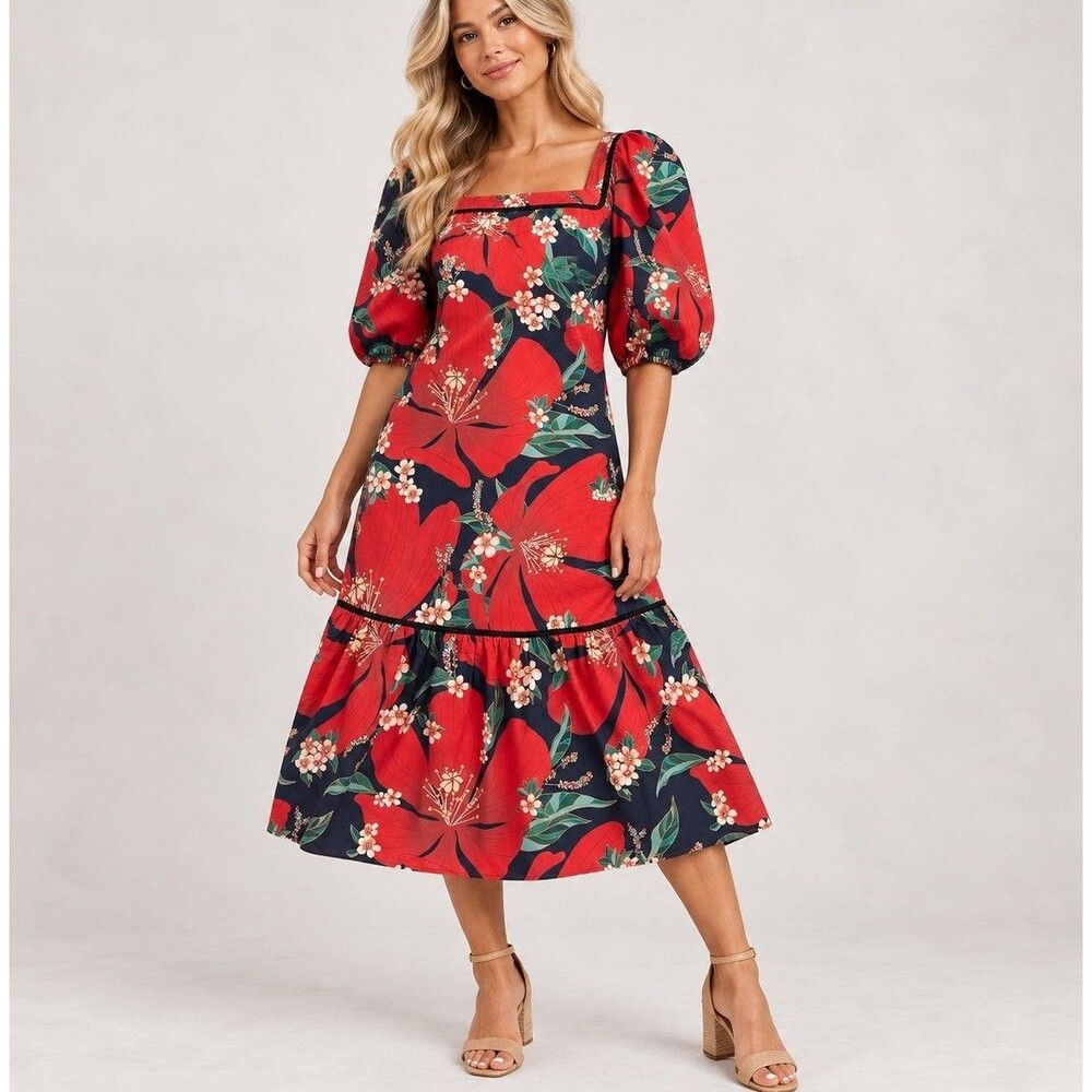 Farm Rio Anthropologie Jamila Midi Dress S Petite Red Floral Puff Sleeve NWOT